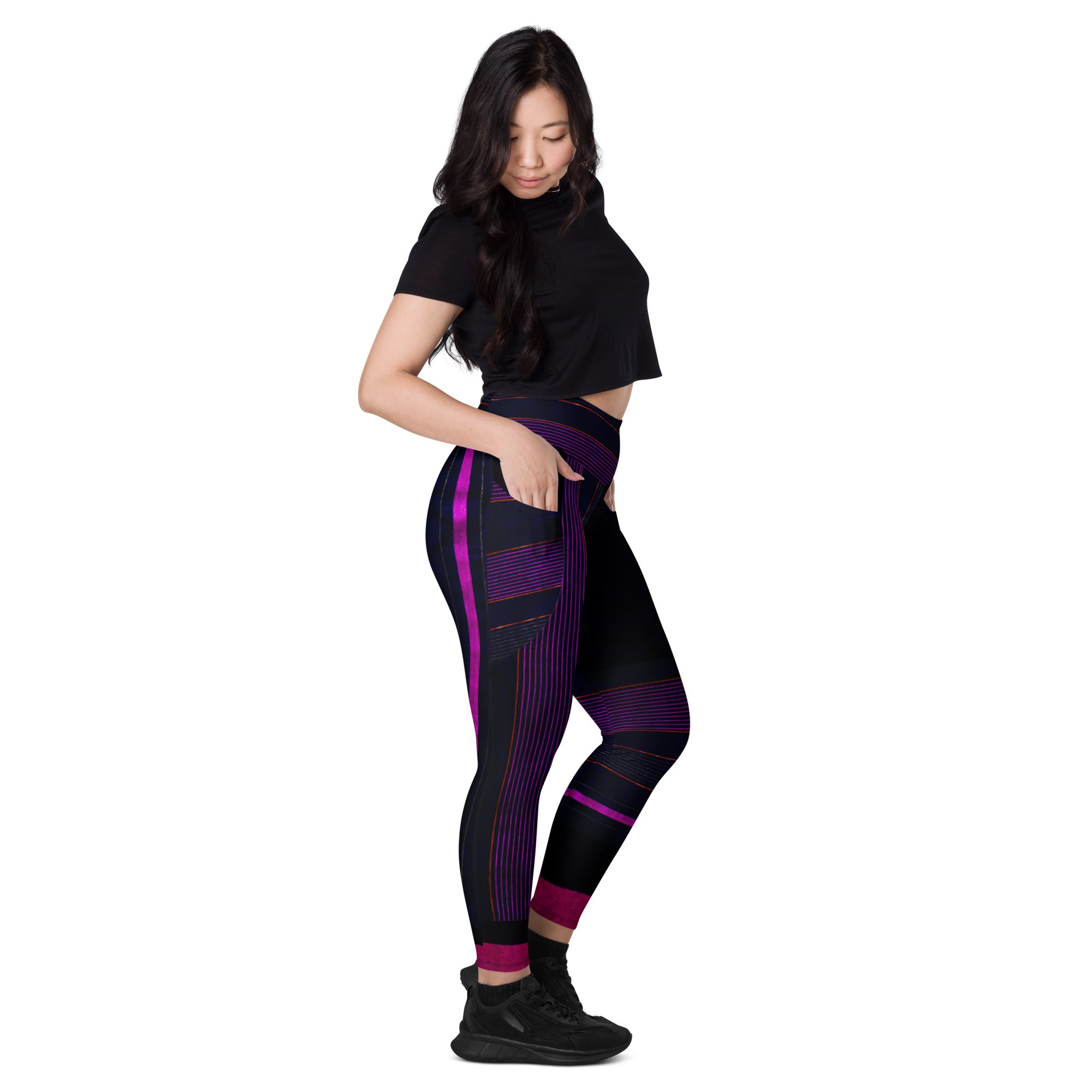 Black Gym Leggings with Pockets. Purple Pin Stripes Dance Leggings. Crossover Waist Yoga Pants. "Peppermint" by WickedYo.